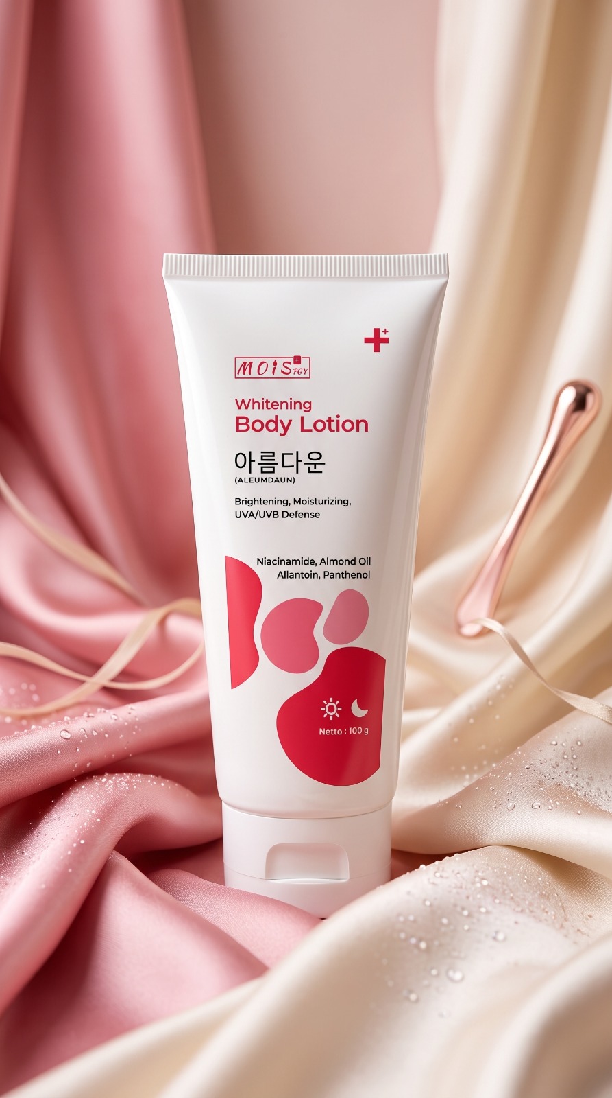 MOIST PGY Whitening Body Lotion with Niacinamide and Almond Oil, 100g, on pink and gold satin fabric with water droplet accents